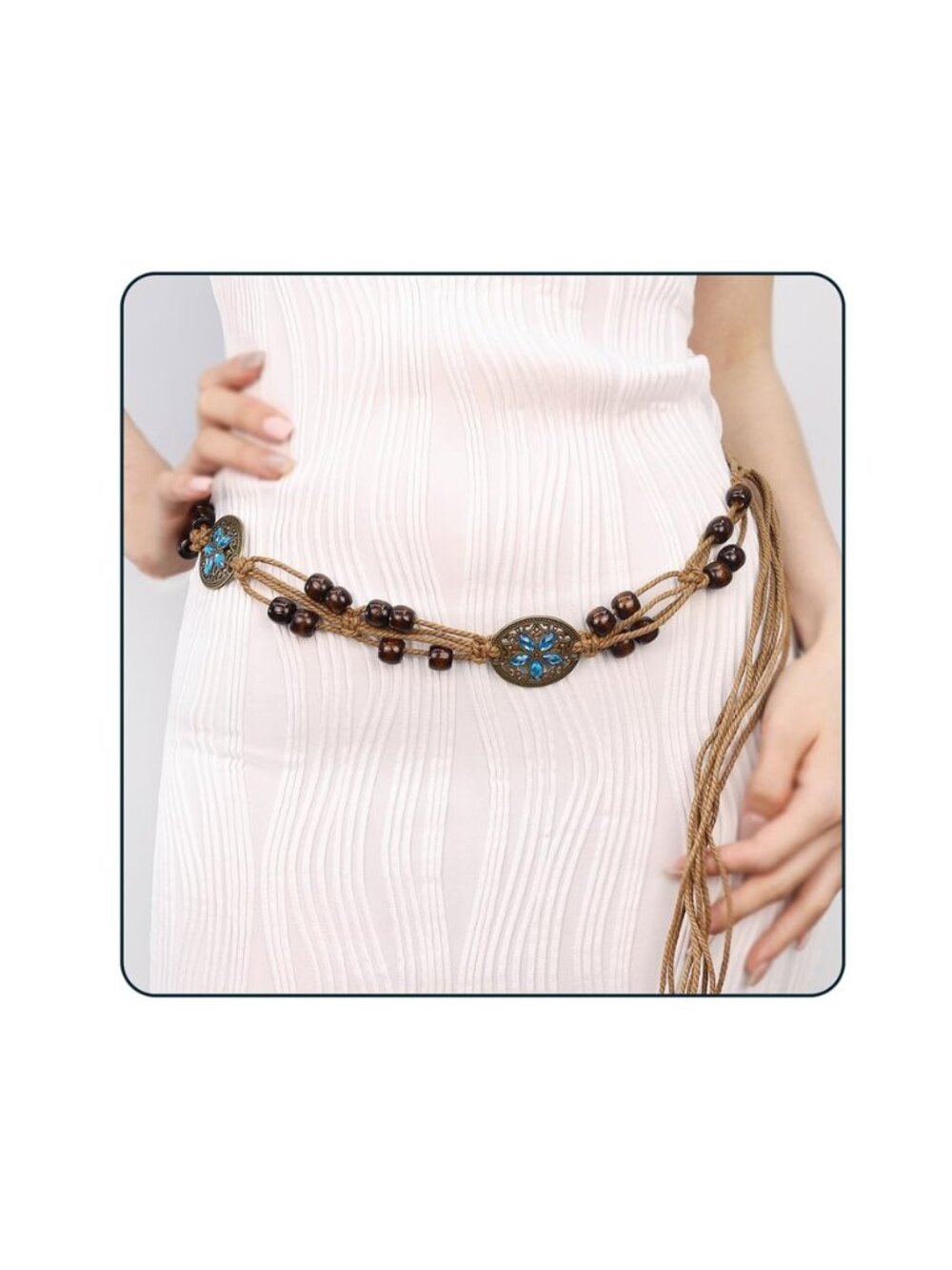Women Braided Waist Belt Boho Woven Belt with Wooden Beads and Ring Clasp